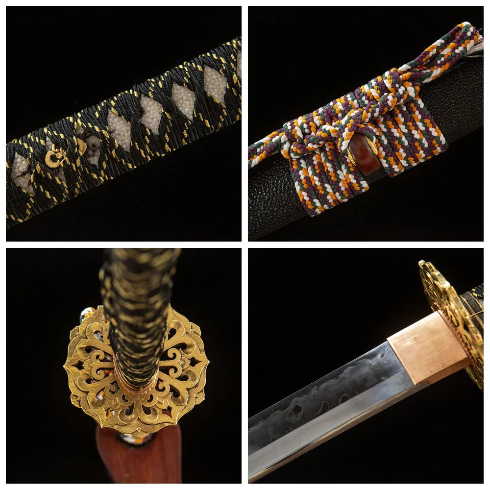 4-grid detail collage Ise Chiko hitatsura blade gold silver copper tsuba full rayskin saya