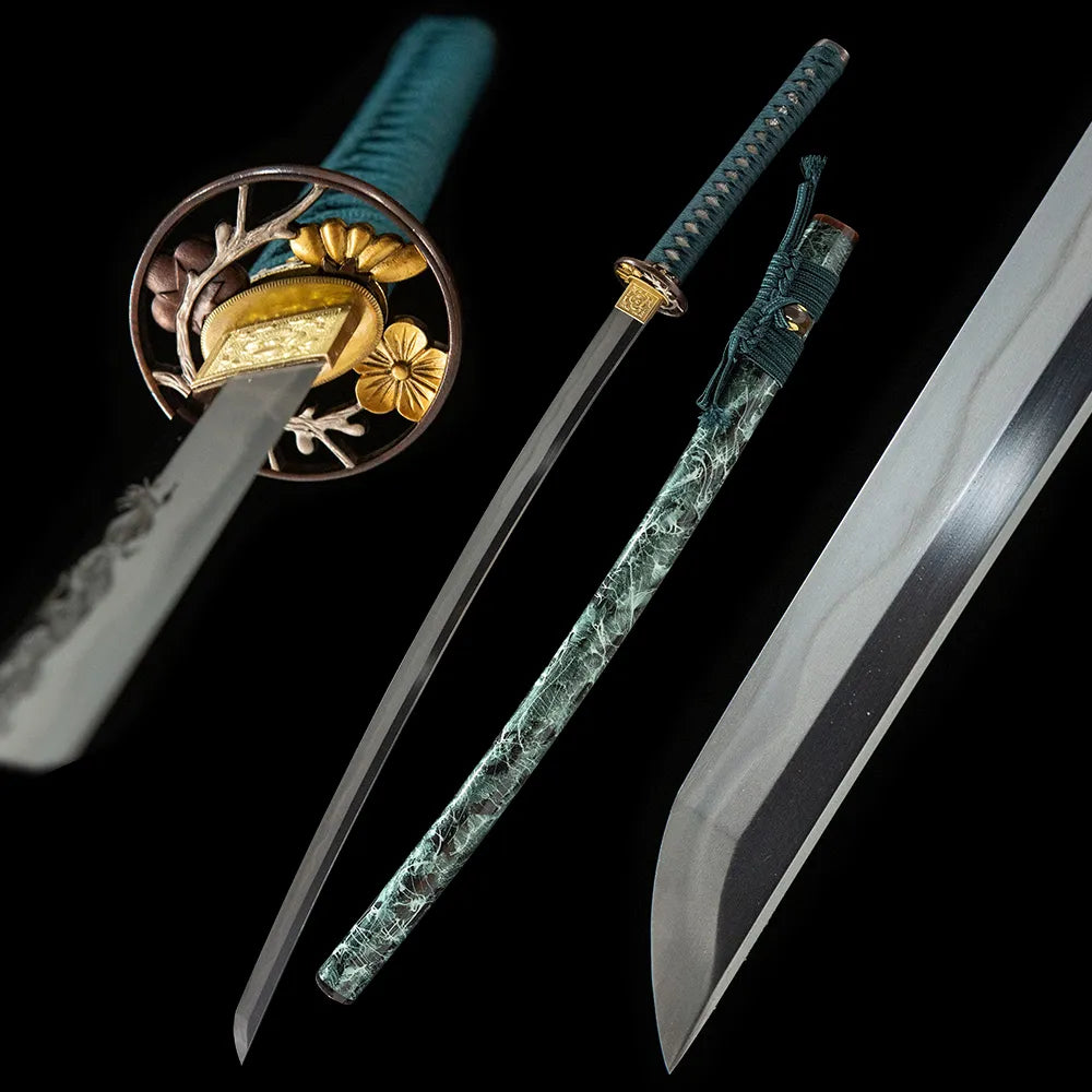 Qingtang Katana, T10 Tsuchioki Notare Hamon Real Yokote Gold Silver Plated Copper Full Ox Horn Hand Painted Saya Katana