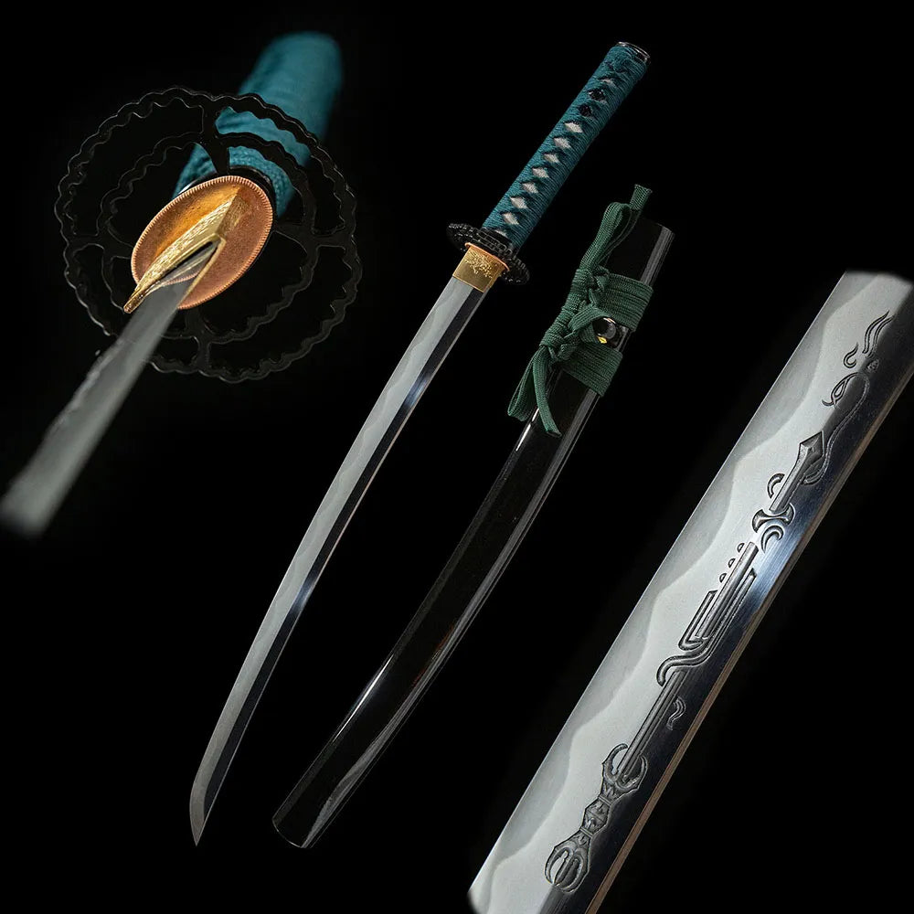Sankoken Wakizashi, T10 sanbonsugi maru-gitae iron fittings deep green moro silk wrap short sword