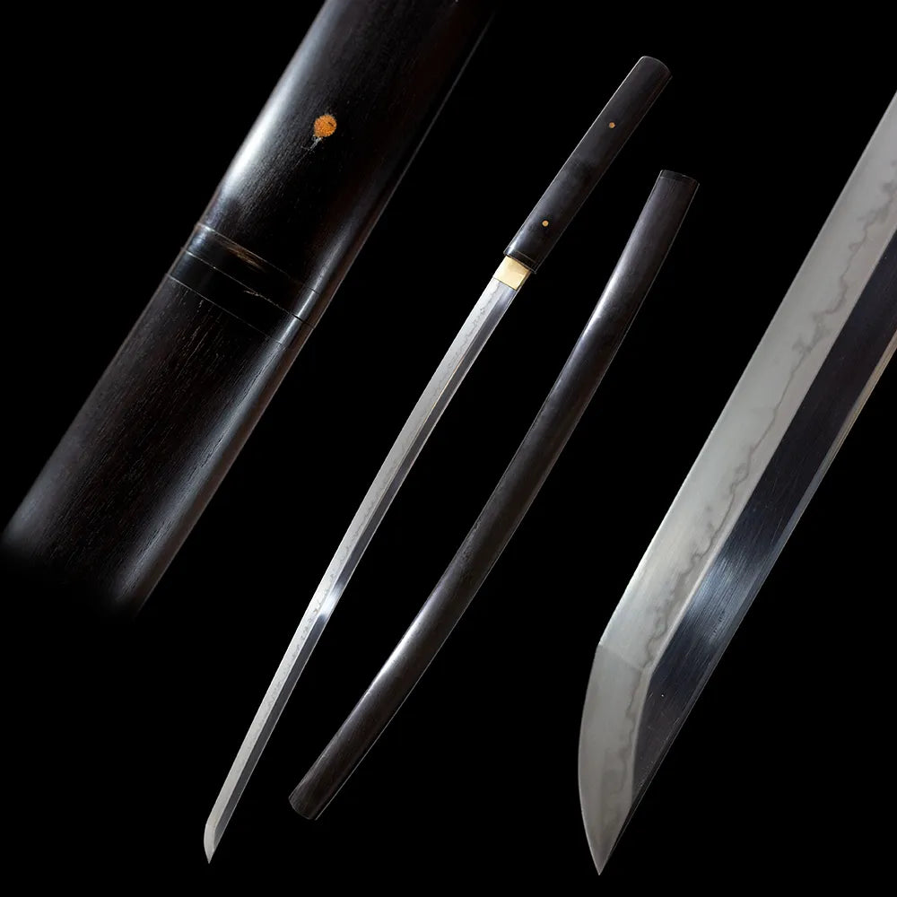 Destruction‑Shirasaya minimalist plain shirasaya samurai katana drawn t10 clay‑tempered hamon blade solid ebony black shirasaya saya full black‑background studio shot