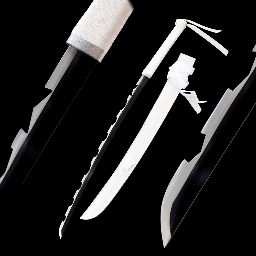 Hashibira Inosuke beast breathing nichirin katana drawn serrated blade dark hardwood saya full black background studio shot