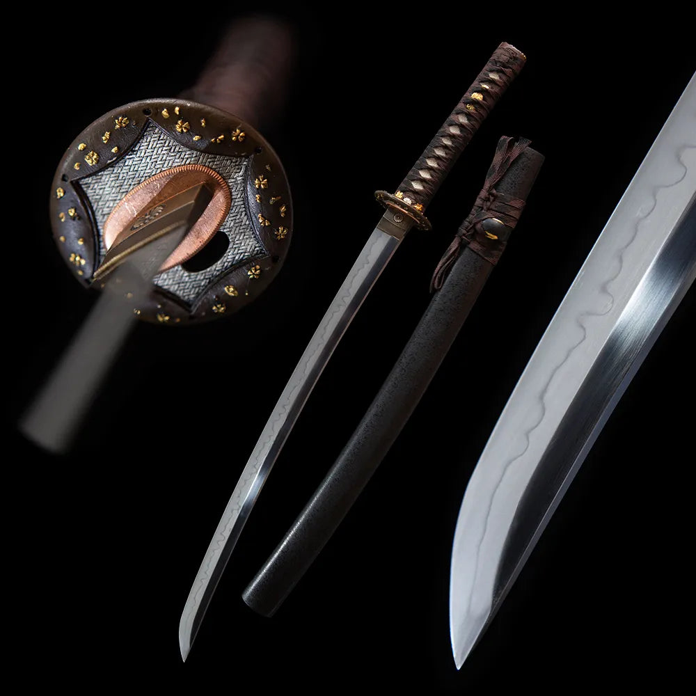 Shadow matte black wakizashi full set studio dark background shot