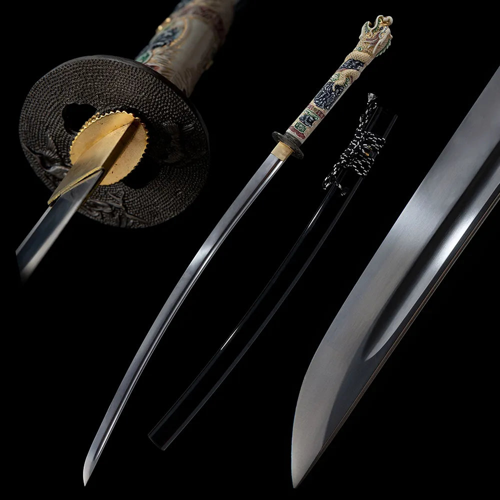 Highlander Katana, T10 Tsuchioki Gunome Hamon Matte Black Iron Fittings Dark Solid Wood Saya Disassemblable Training Katana