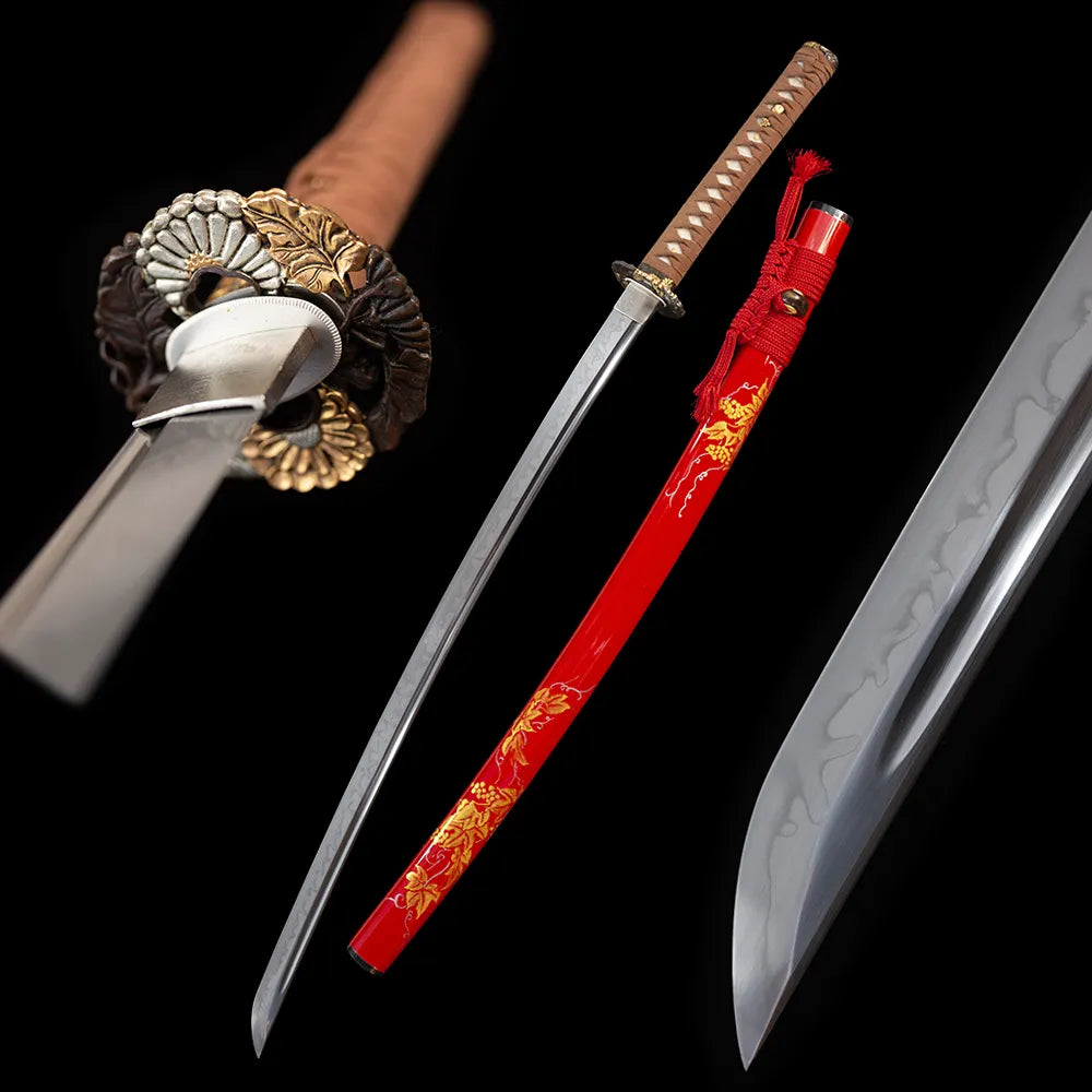 Sunflower‑Katana sunflower bright‑sun‑floral‑aesthetic‑motif samurai katana drawn T10 choji‑gunome petal‑undulating hamon blade wine‑red sunflower‑bloom saya full black‑background studio shot
