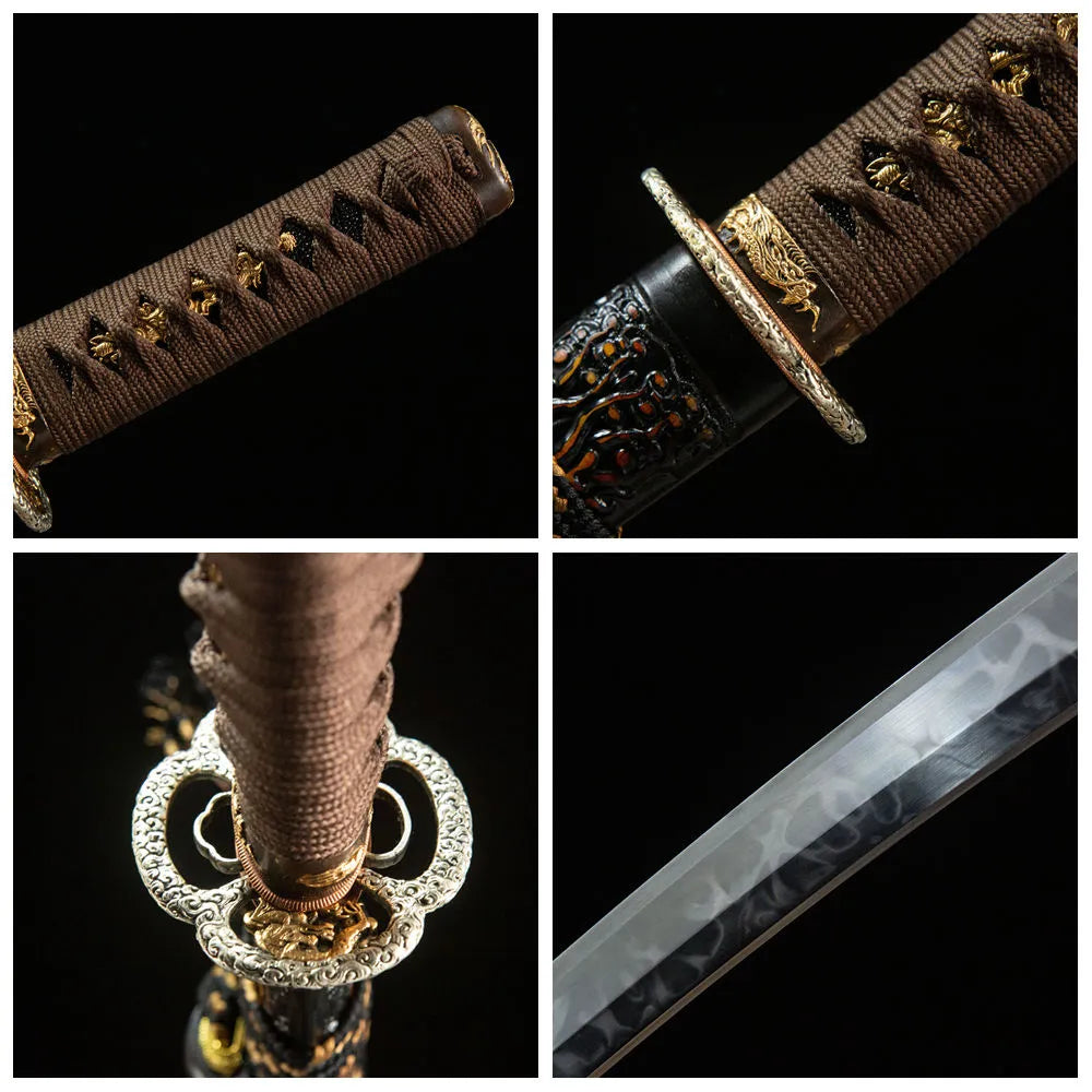 4-grid detail collage Battle Dragon Wakizashi hitatsura blade hollow dragon tsuba brown moro tsuka dragon saya
