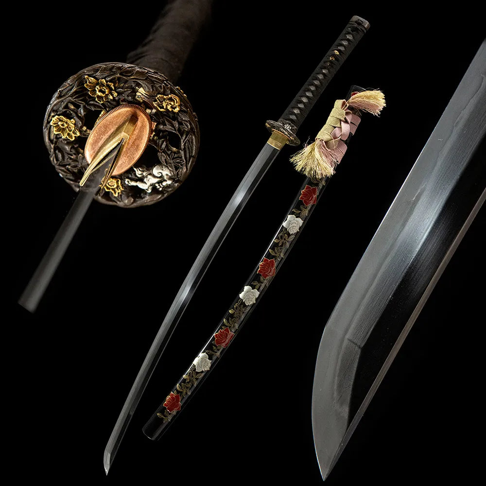 Peony Katana, Folding Steel Suguha Hamon Real Yokote Gold Silver Plated Copper Rayskin Katana