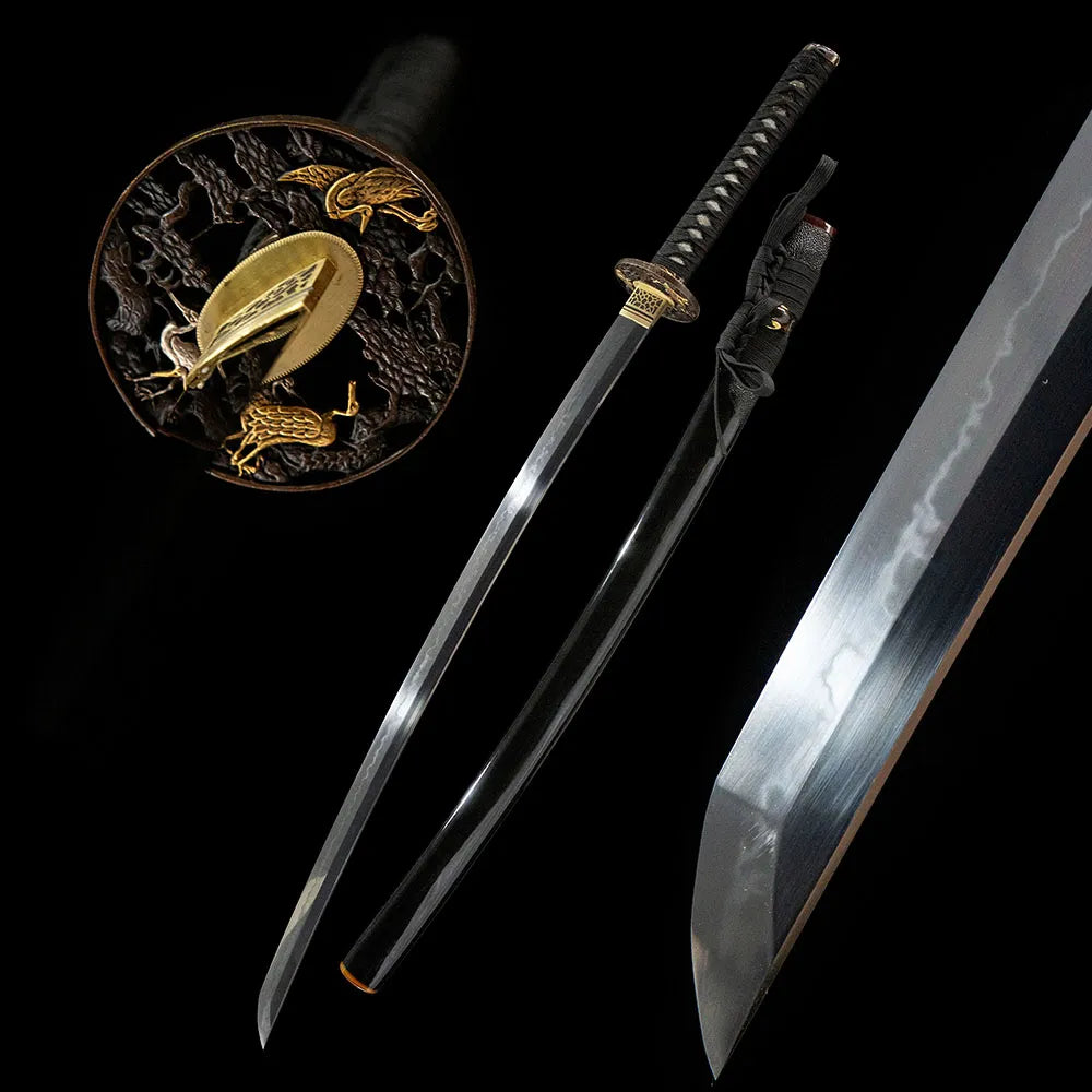 Red-Crowned Crane Katana, maru no hi T10 mottled hamon longevity themed samurai sword