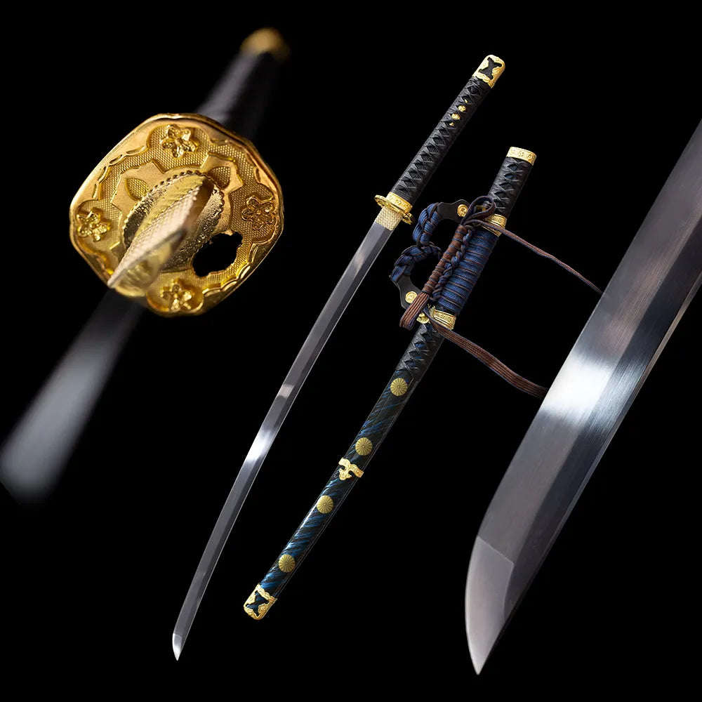 Imperial‑Family‑Tachi japanese imperial chrysanthemum‑mon themed tachi drawn polished 1060 steel blade deep‑blue gilded‑mon tachi saya full black‑background studio shot