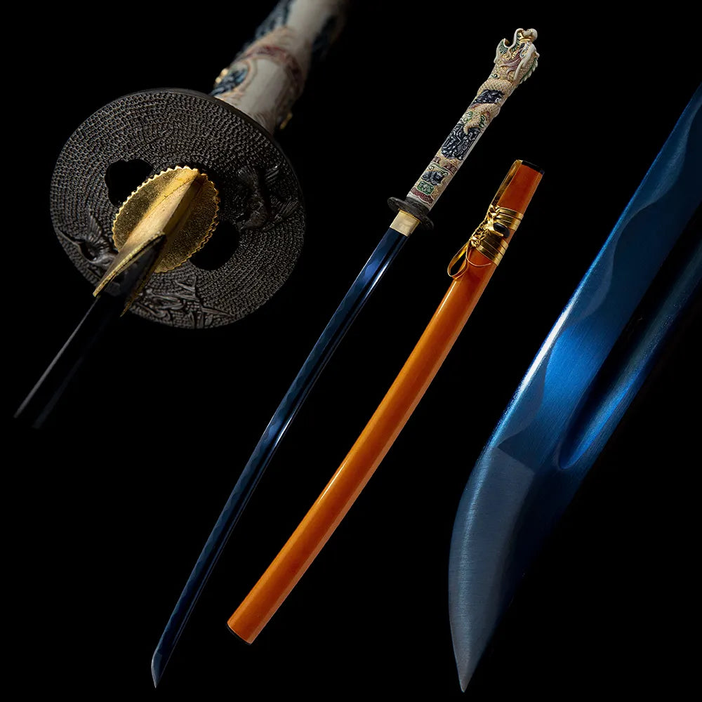 Highlander Dragon Katana, T10 Full Blue Polished Blade Sculpted Dragon Tsuka Black Iron Tsuba Golden Hardware Orange Lacquer Saya Disassemblable Katana