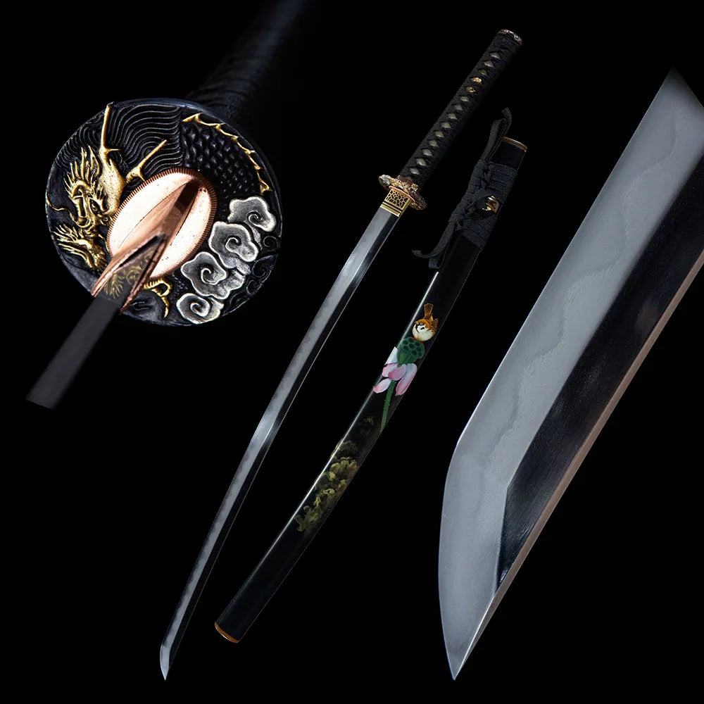 T10 Tsuchioki Gunome Hamon Lotus & Sparrow Embossed Brass Fittings Green Hand Painted Lotus Saya Disassemblable Katana
