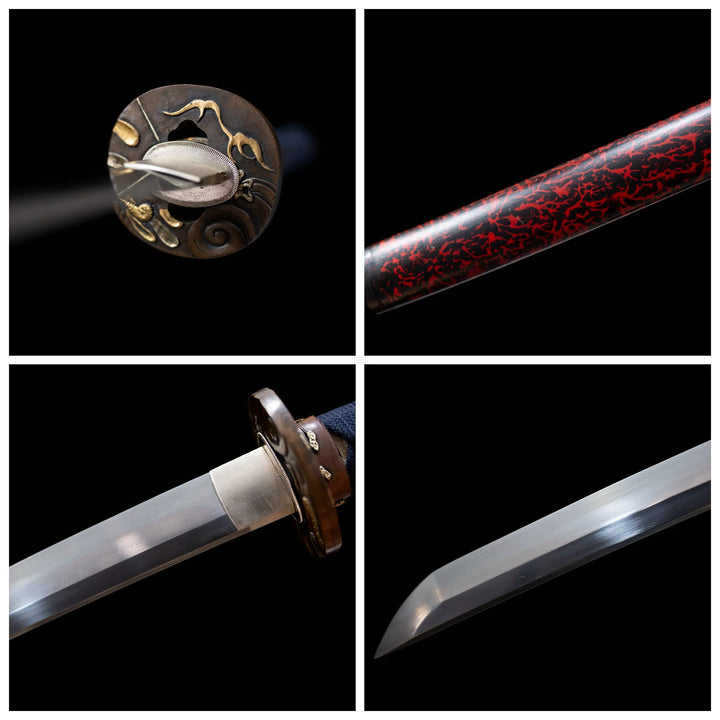 This red katana is a handmade kata forged from Damascus steel