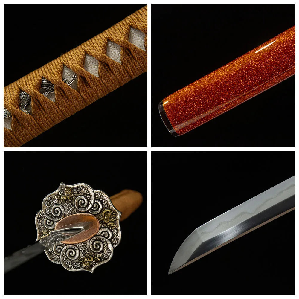 Flaring Fire Katana 45-degree unsheathed view, fine polished clay tempered blade