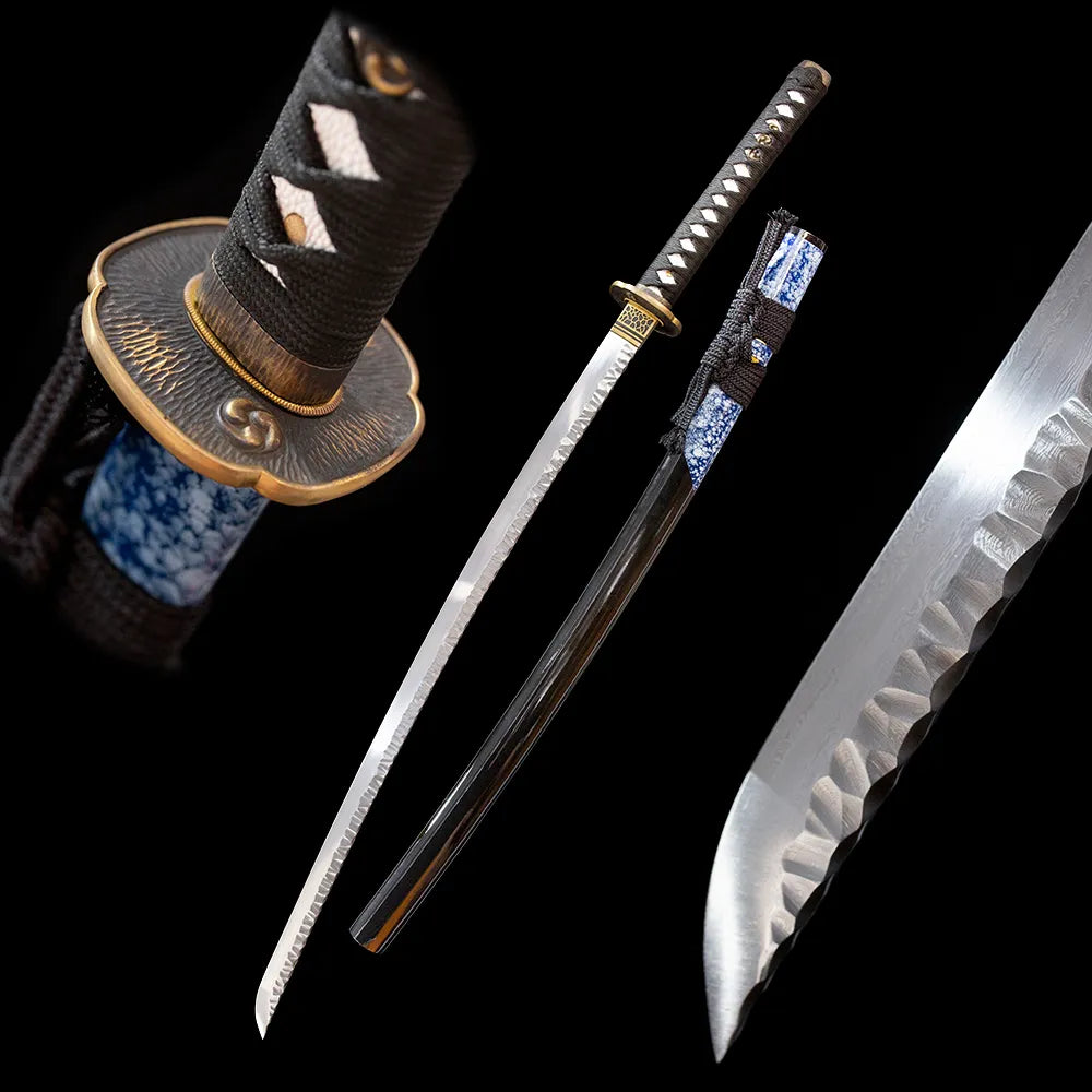 Comet‑Katana comet‑meteor cosmic‑astronomy‑celestial‑motif samurai katana drawn T10 midare‑gunome meteor‑tail‑flame‑ripping hamon blade deep‑void‑black star‑orbit‑comet‑tail saya full black‑background studio shot