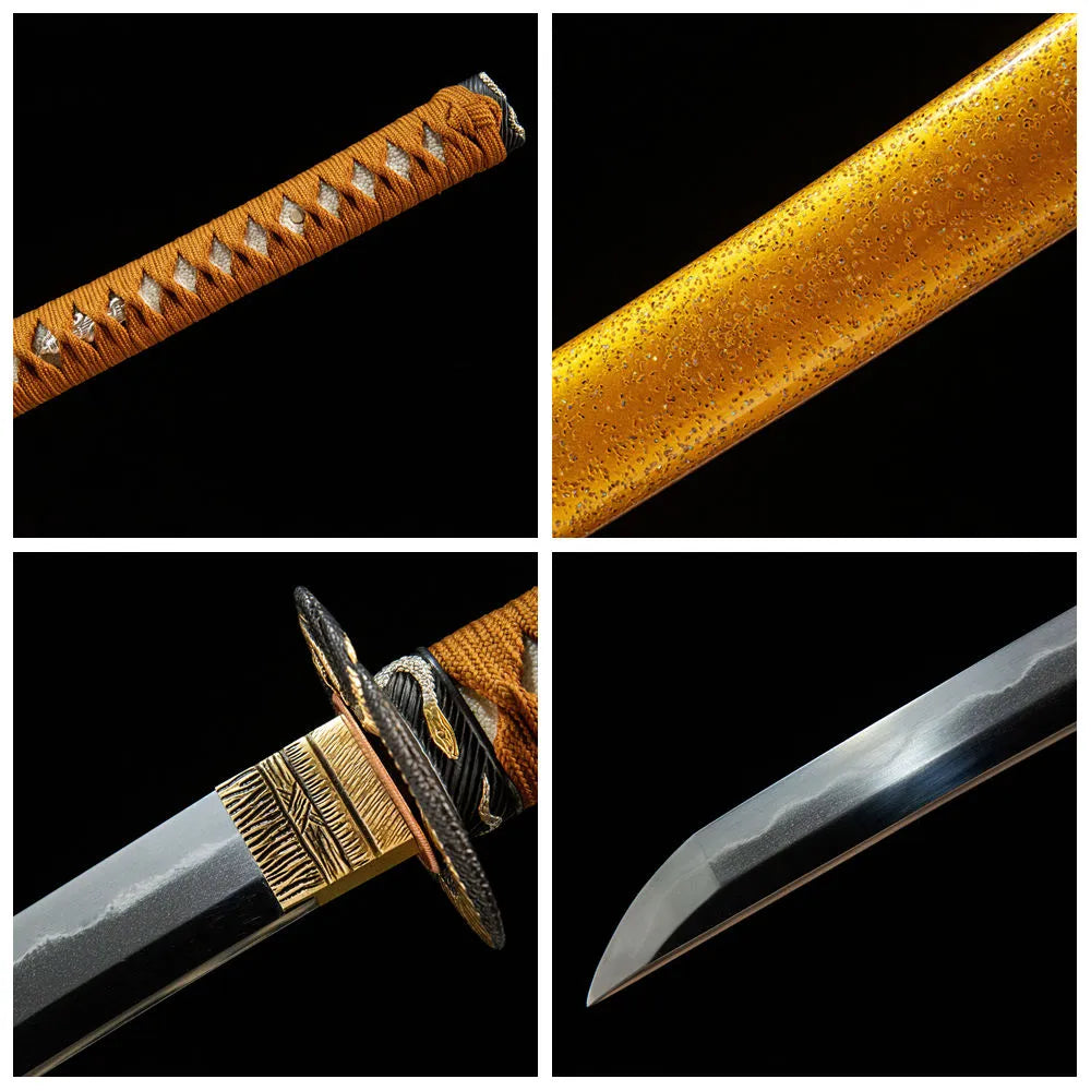 4-grid detail collage of Patteraless Katana blade, handle, tsuba and pearl shell saya