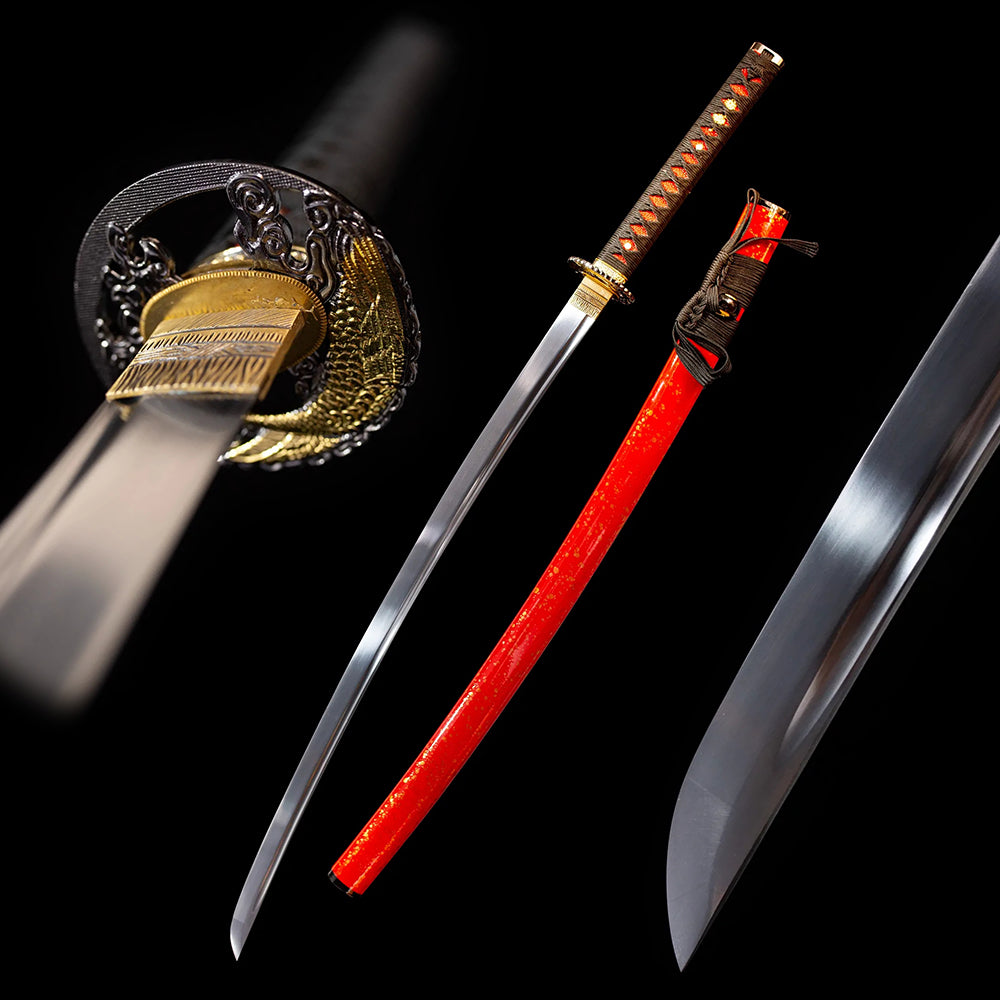 Startled‑Salamander‑Katana startled‑salamander amphibian‑beast‑motif beginner‑practice samurai katana drawn 1060 high‑manganese water‑quenched plain‑surface clean blade bright‑red golden‑speck scattered‑gold saya full black‑background studio shot