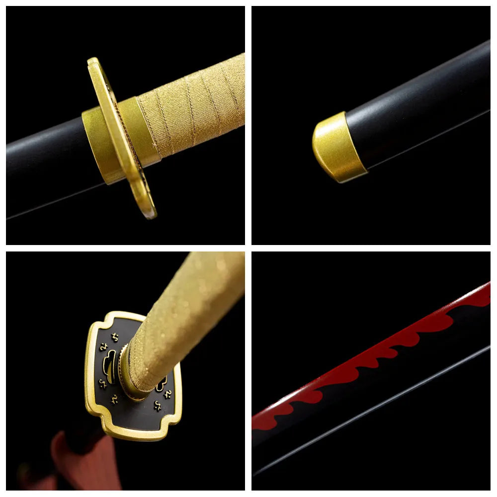 Four‑grid collage engraved golden alloy tsuba, golden woven tsuka, black saya, red‑flame blade close‑up details