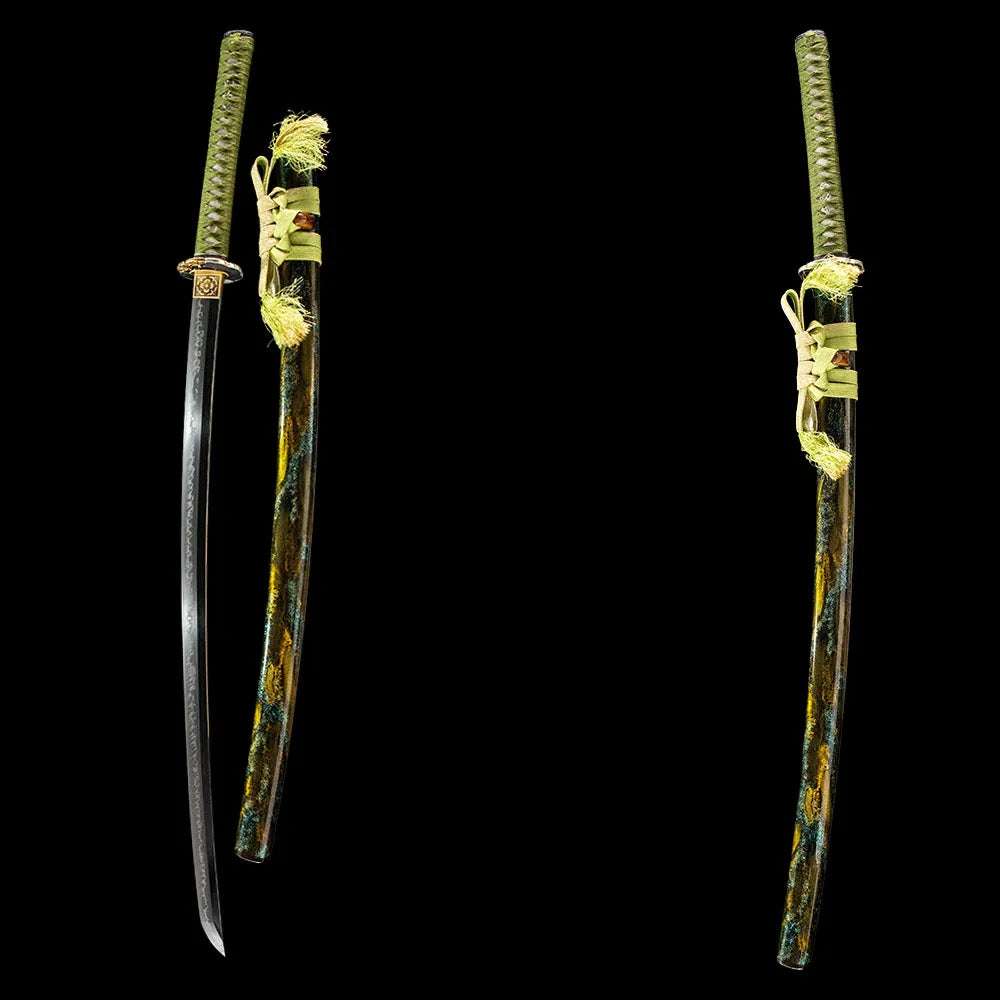 Floating Clouds Katana sheathed and unsheathed side by side comparison