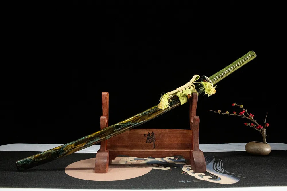 Floating Clouds Katana slightly angled front view with glossy lacquered saya