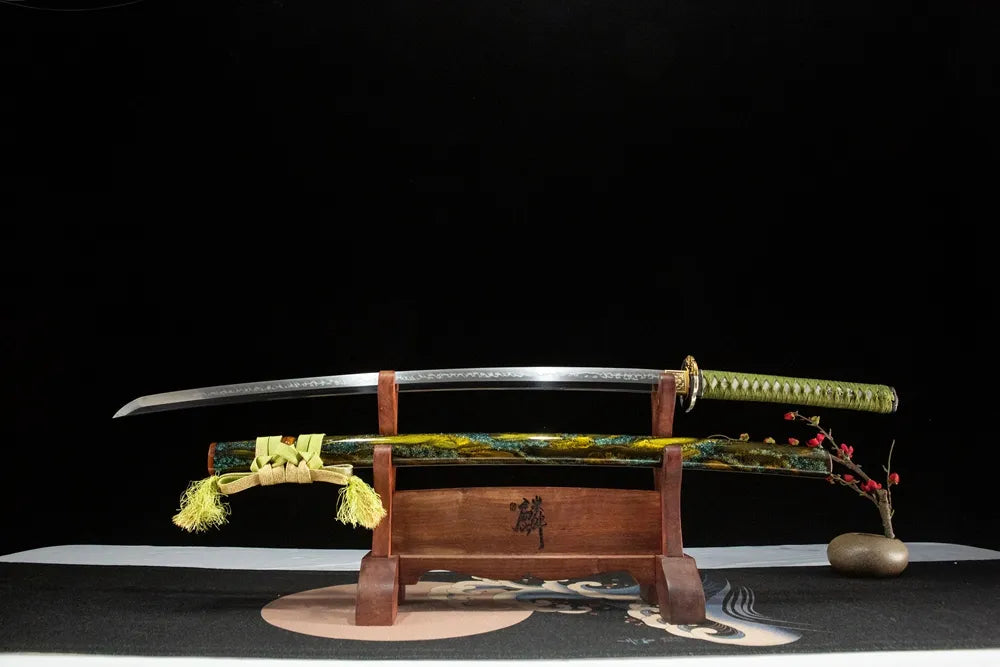 Floating Clouds Katana unsheathed horizontal view hand carved cloud pattern