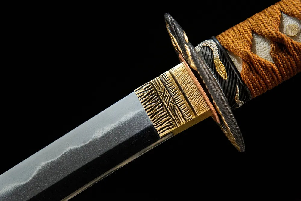 Patteraless Katana upper blade detail near tsuba, modern Uzi steel texture