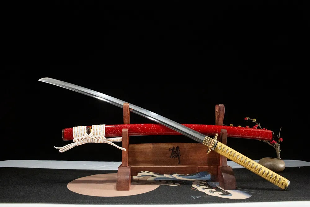 Unprecedented Katana unsheathed 45-degree view Suguha straight hamon