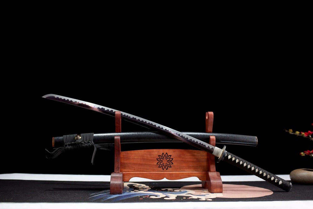 45‑angle open full‑size Lion‑Chop traditional samurai katana two‑layer wooden stand front view