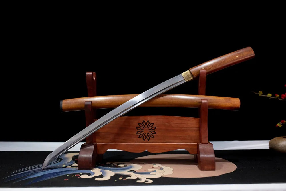 Slanted upright drawn Jihad‑Shirasaya‑Wakizashi bare‑wood archival‑collecting wakizashi wooden shelf front perspective
