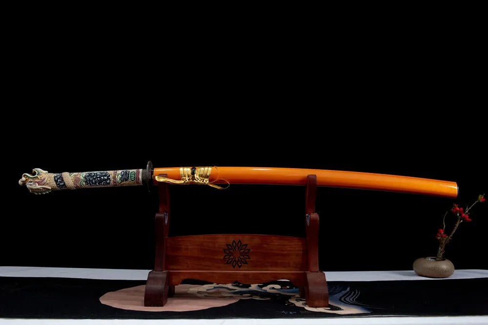 Horizontal front display sculpted 3D dragon head luxury disassemblable blue T10 collectible katana