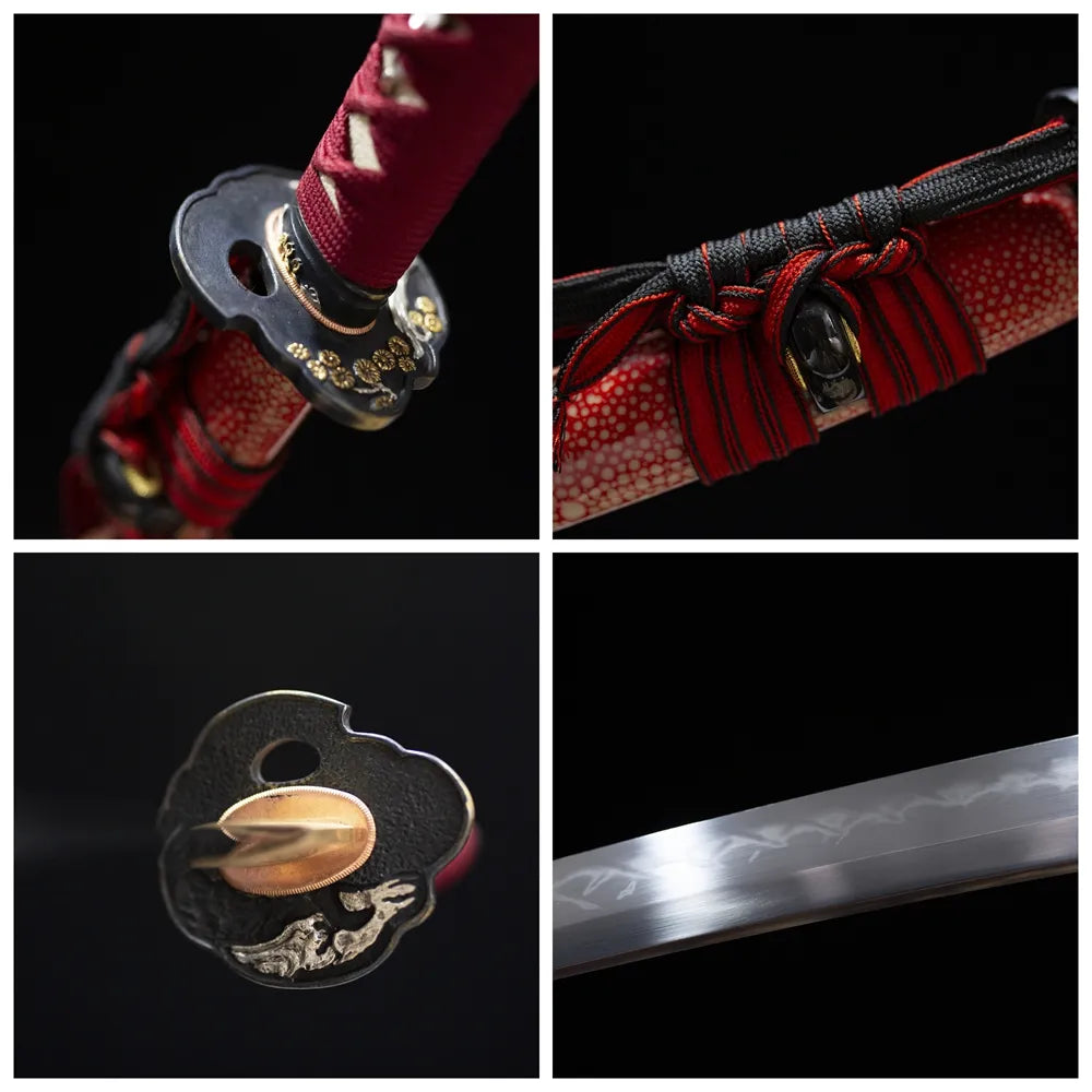Four‑grid collage black‑gold gilded red‑plum‑floral‑relief tsuba, deep‑crimson ito tsuka, red faux‑ray‑skin maki‑e saya, clean suguha hamon blade close‑up details