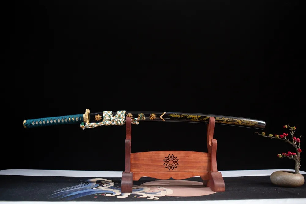 Horizontal laid closed black lacquer gold flower samurai katana