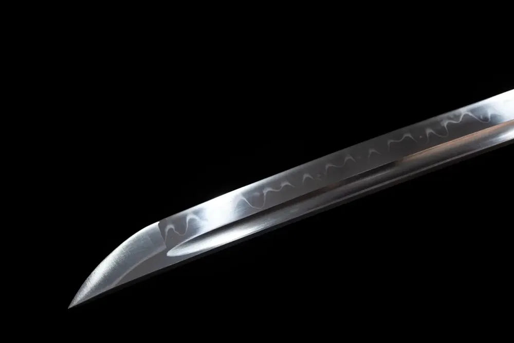 Classic functional katana‑style kissaki tip of Ghost‑Warrior‑Katana blade close‑up view