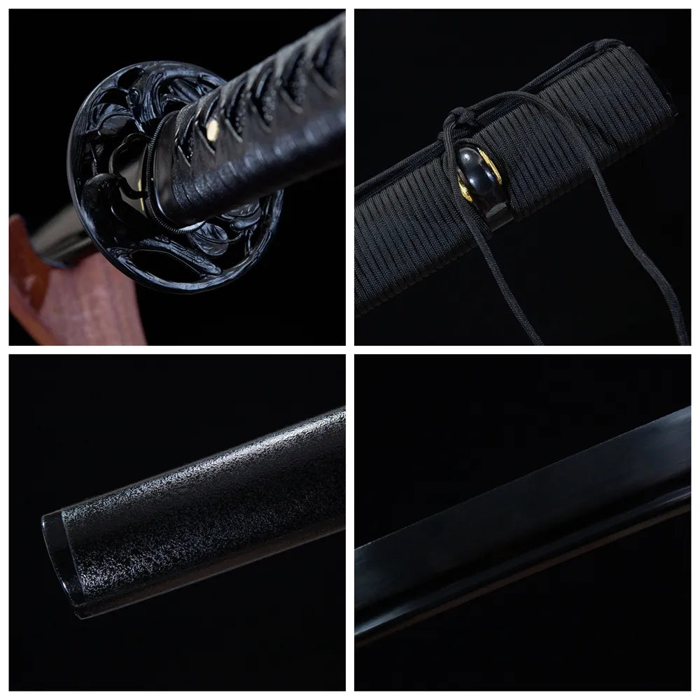 4-grid collage Tactical Katana black combat tsuba black tactical tsuka matte black blade nylon saya