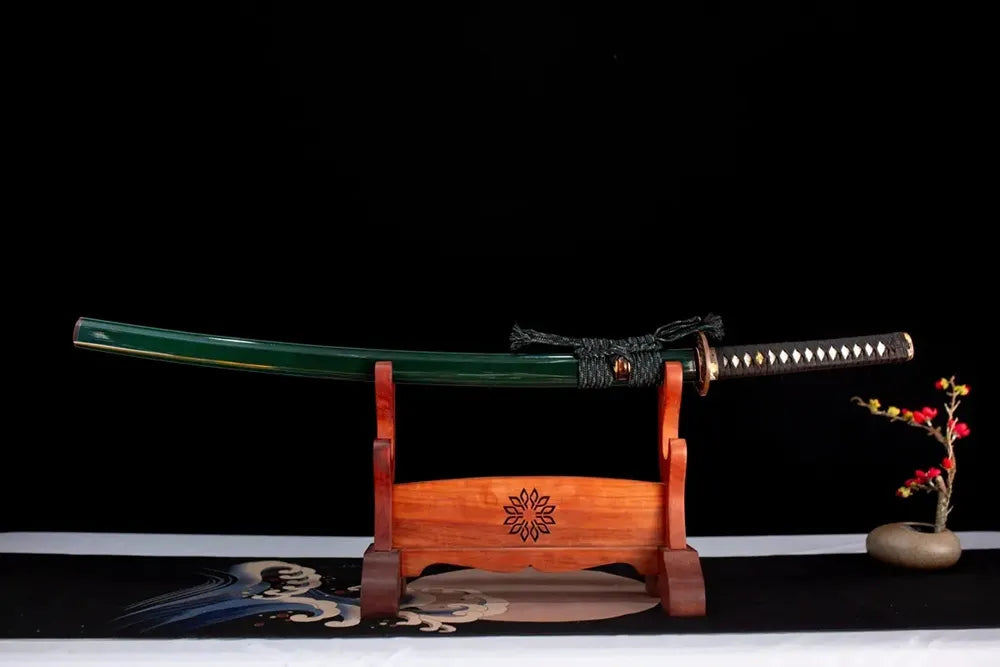 Horizontal laid closed dark‑emerald‑green faint‑armor‑pattern Armored‑Warrior‑Katana scabbard flat table‑top front display