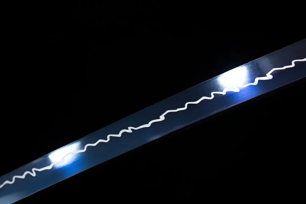Mid‑section choji‑midare mottled‑color‑wave‑pattern shifting hamon steel katana blade surface close‑up shot