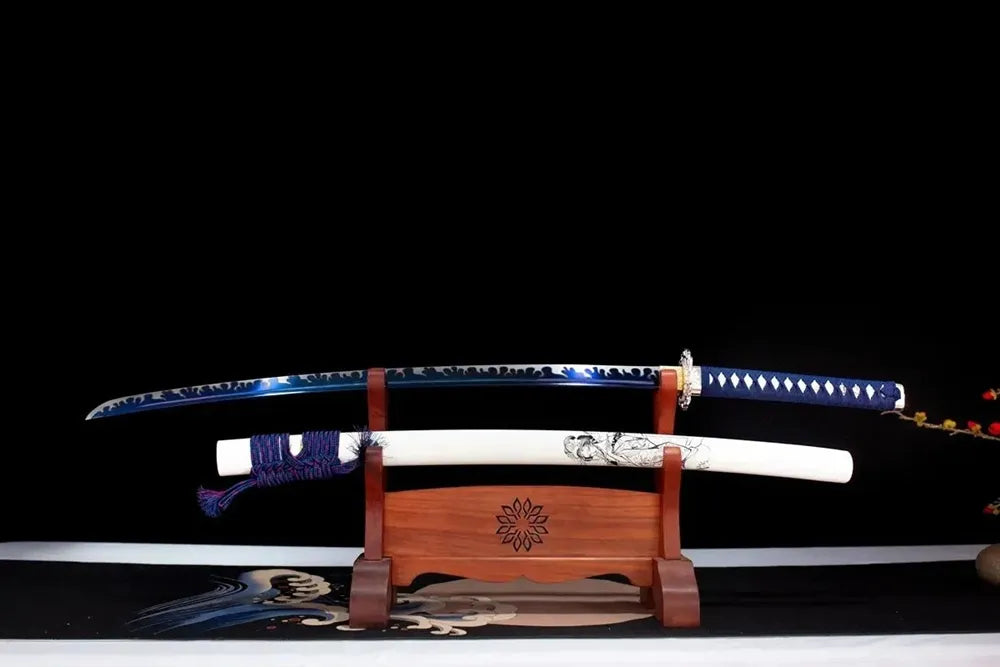 Flat fully‑drawn 1060 high‑carbon blue‑tinted‑etched Geisha‑Katana blade wooden rack front shot