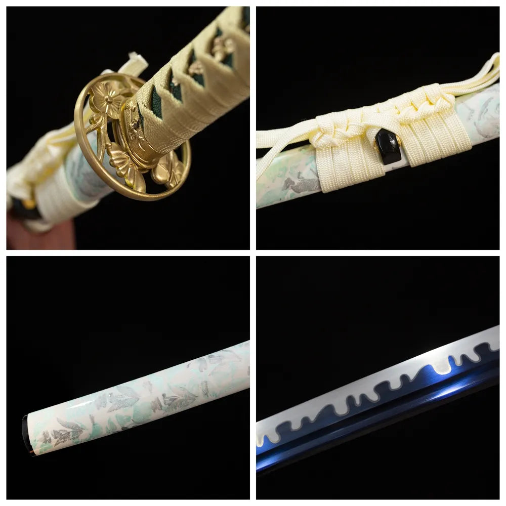 Four‑grid collage gilded‑alloy winter‑plum‑blossom‑relief tsuba, cream‑gold ito tsuka, cream‑white pale‑cyan winter‑plum‑blossom saya, suguha‑gunome plum‑snow‑falling undulating hamon blue‑tempered blade close‑up details