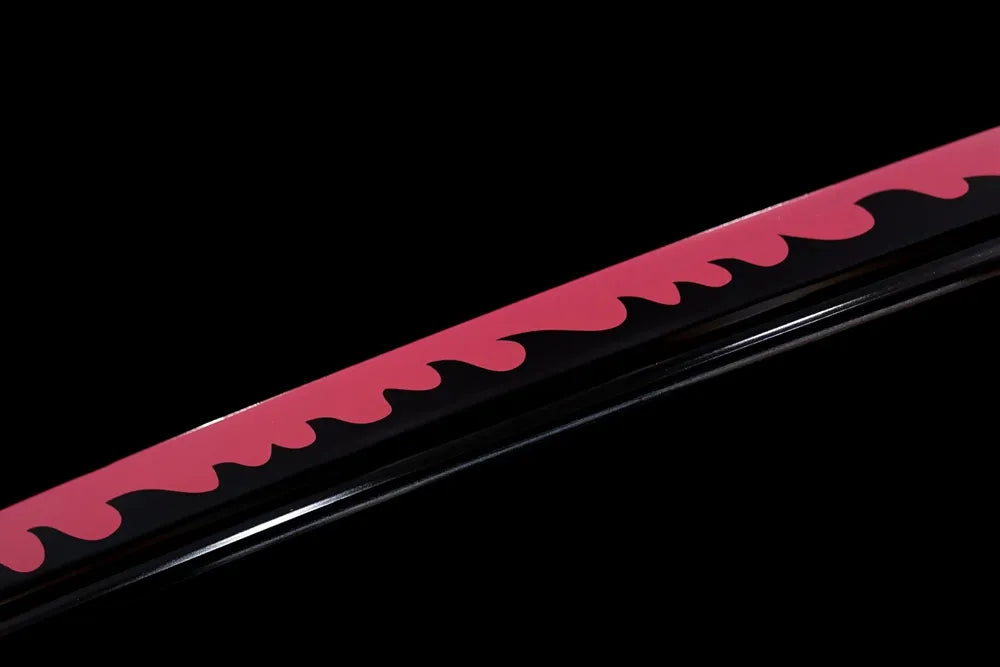 Mid‑section pink wavy decorative printed steel blade surface texture shot