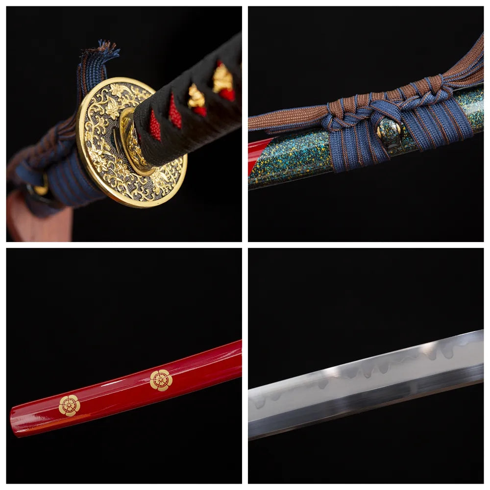 Four‑grid collage gold‑plated‑alloy kamon‑hanafuda‑floral‑relief tsuba, black‑red woven ito tsuka, scarlet‑red gilded‑kamon‑hanafuda saya, sanbonsugi three‑cedar‑tree hamon blade close‑up details