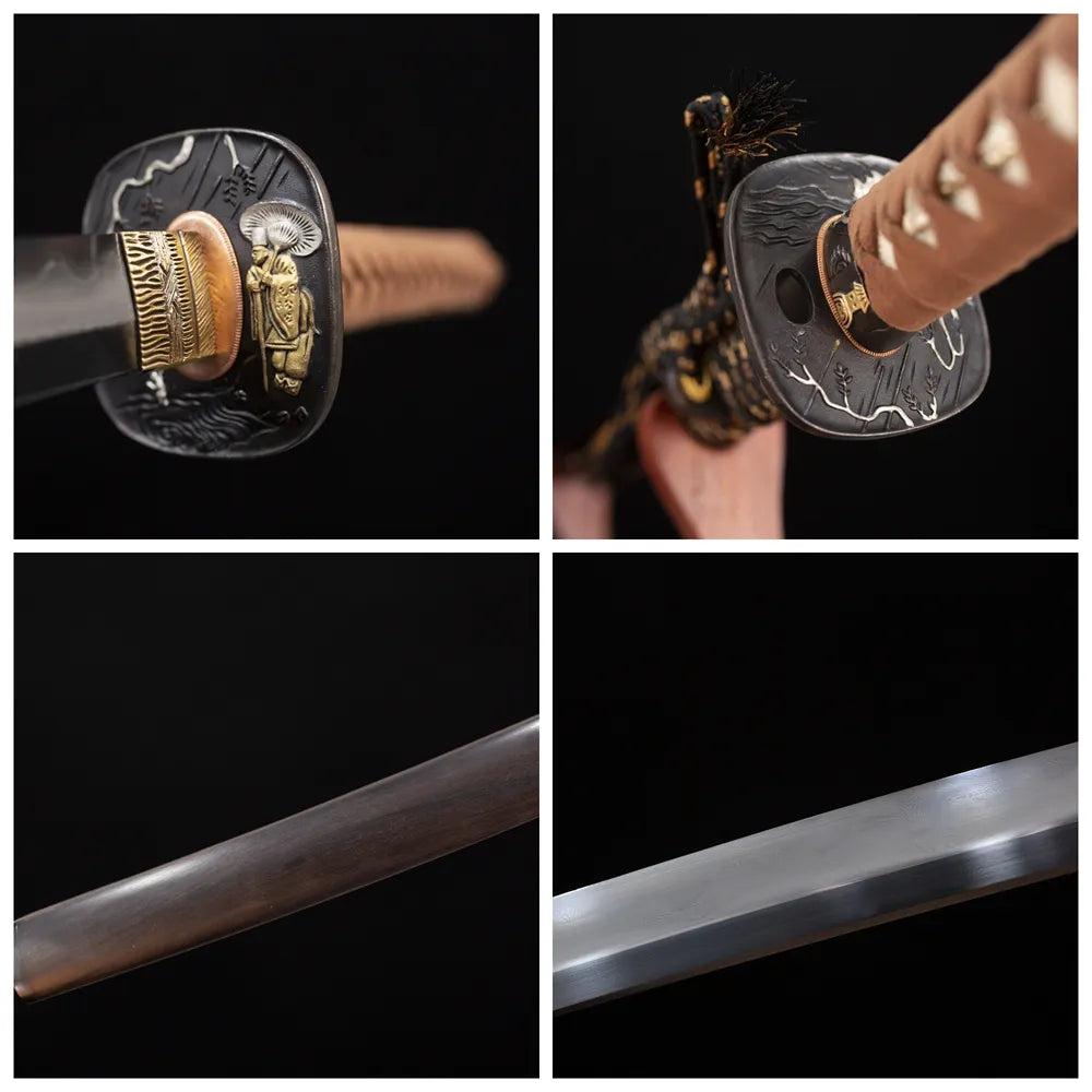 Four‑grid collage aged‑copper subtle‑hidden‑vein‑minimal‑relief tsuba, khaki‑beige woven ito tsuka, natural‑matte‑timber faint‑hidden‑vein saya, gunome undulating‑wave hamon blade close‑up details