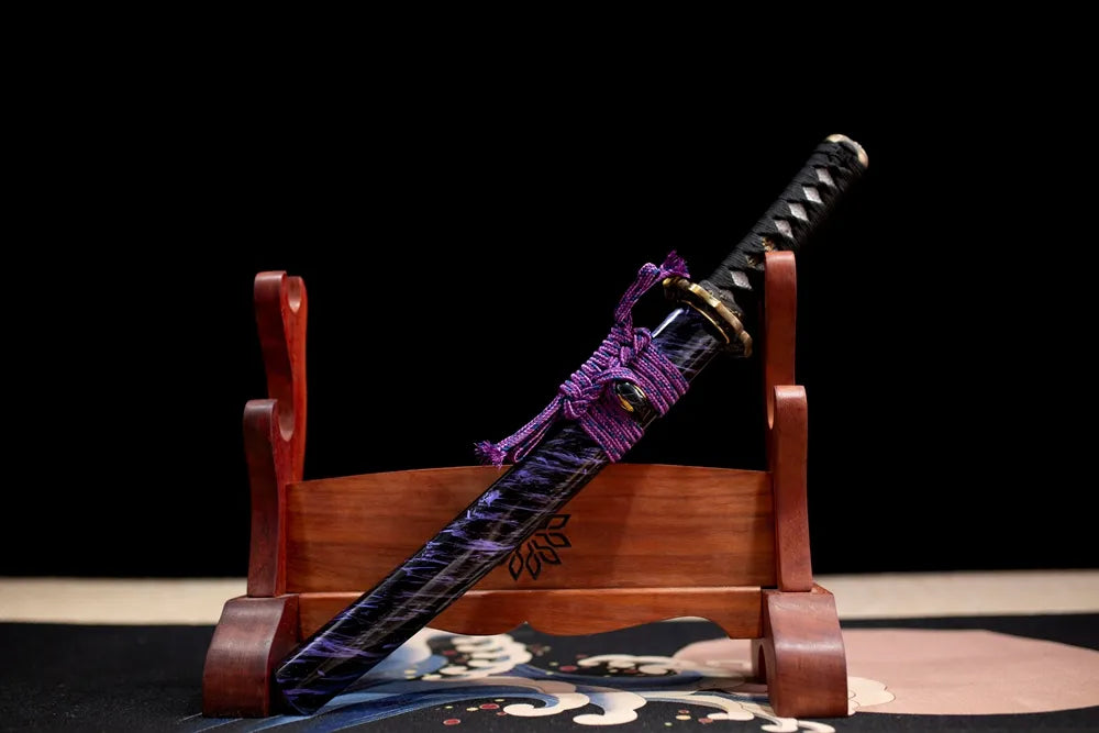 45° front fully sheathed Purple‑Python‑Wakizashi python‑theme wakizashi placed on carved wooden sword display stand