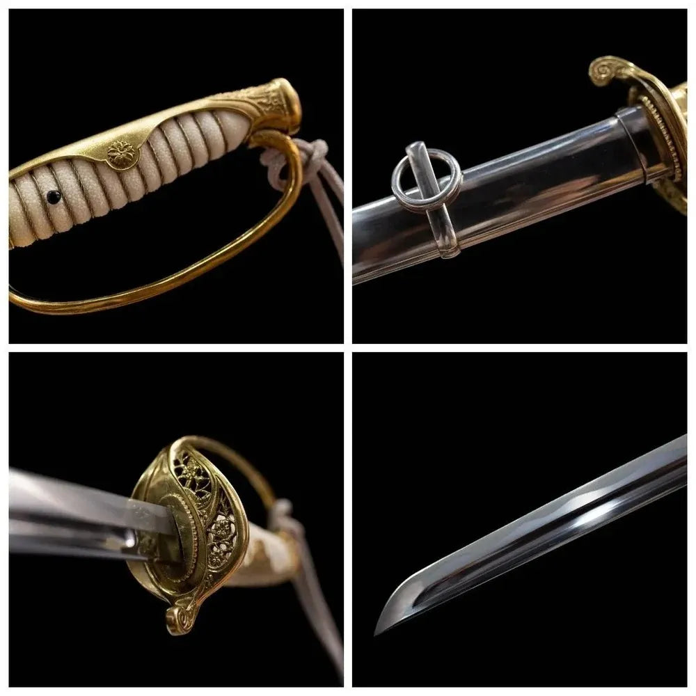 Four‑grid collage engraved brass d‑guard, real fish‑skin grip, mirror‑polished metal scabbard, notare‑hamon blade close‑up details