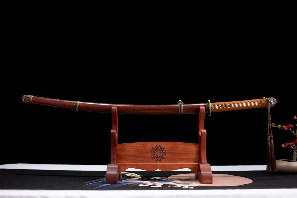 Horizontal laid closed brown faux‑leather Soul‑Type‑98‑Saber scabbard flat table‑top front display