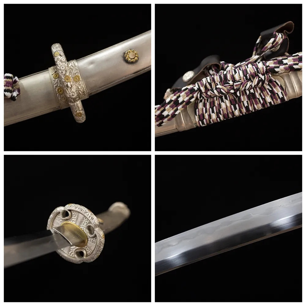 Four‑grid collage silver‑plated copper floral‑cluster‑relief tsuba, ivory‑mixed‑braid ito tsuka, matte‑silver‑white metallic‑maki‑e saya, gonome‑midare classical wave hamon blade close‑up details