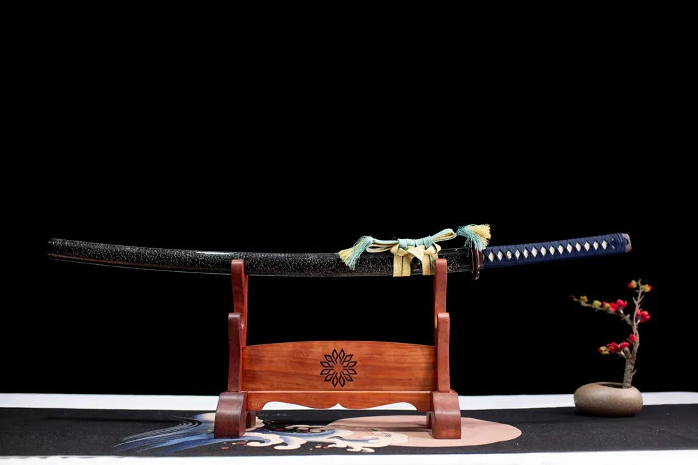 Horizontal laid closed star‑gradient Mo‑Meteorite scabbard flat table‑top front display