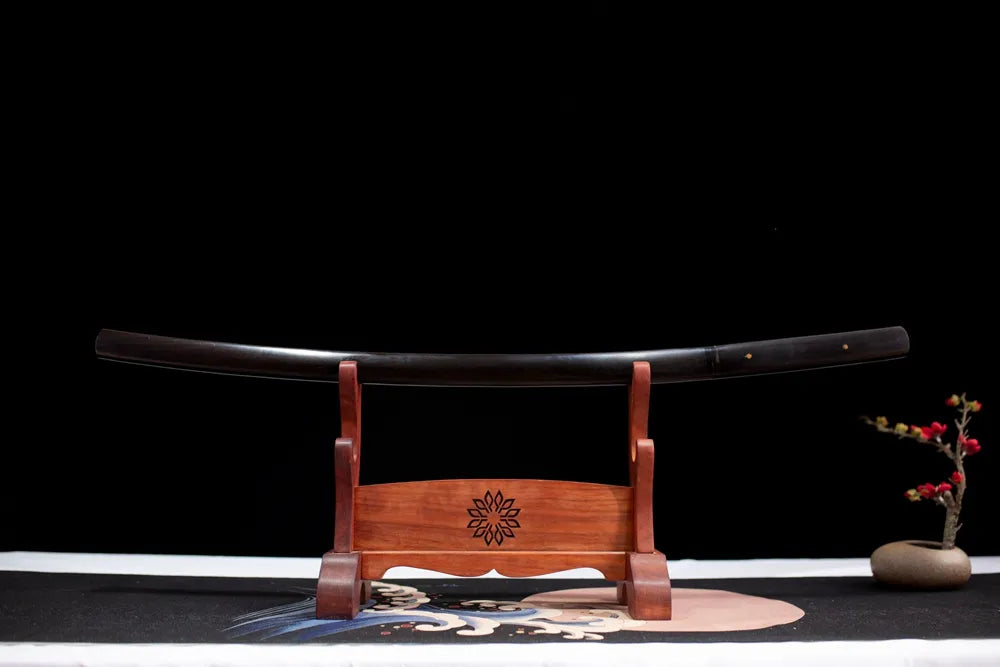 Horizontal laid closed solid ebony black Destruction‑Shirasaya shirasaya scabbard flat table‑top front display