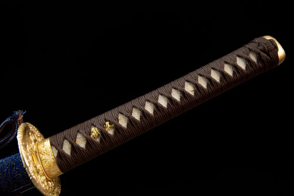 Full brown woven ray skin tsuka golden prawn fittings front shot