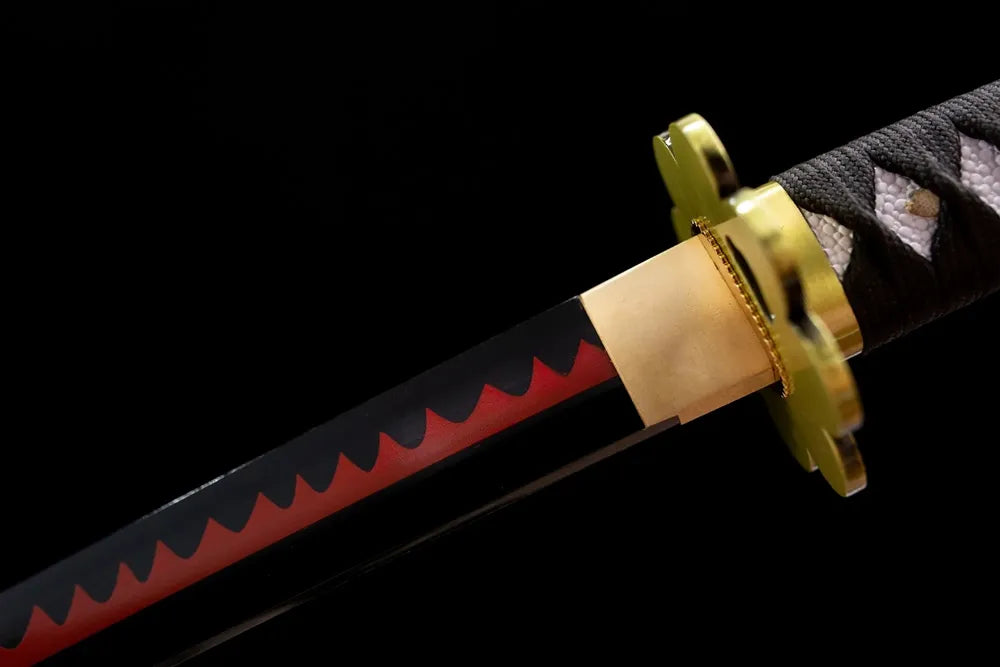 Upper T10 clay temper black hamon matte black habaki macro close up