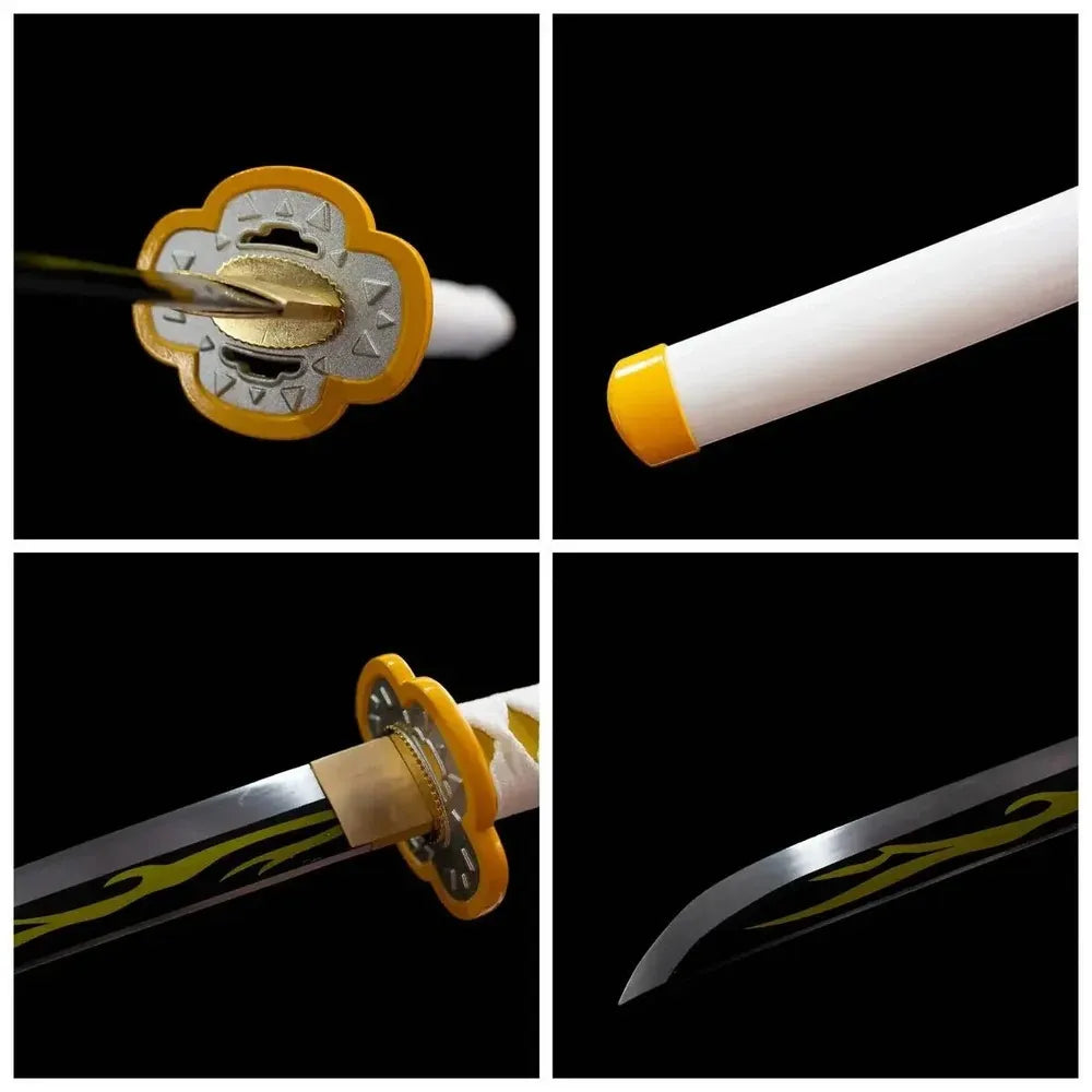 Four‑grid collage flower‑shape zinc‑alloy tsuba, white tsuka, white saya, golden lightning blade close‑up details