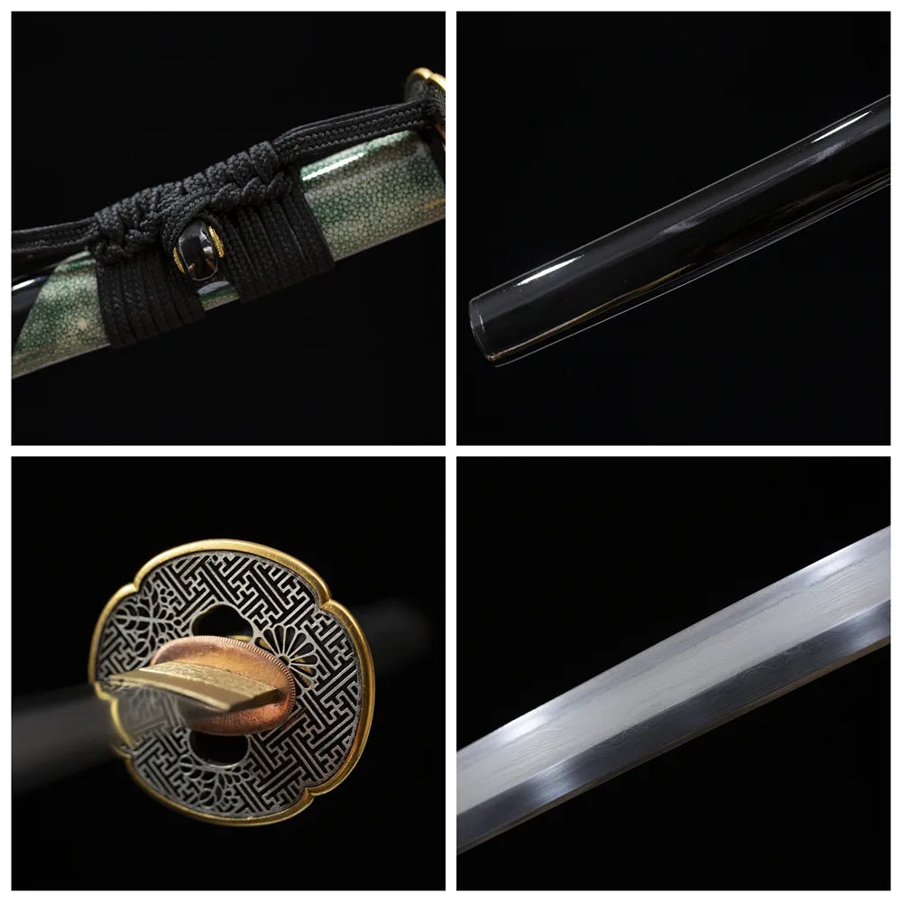Four‑grid collage copper gilded‑silver floral‑relief tsuba, dark‑olive‑green ito tsuka, glossy‑black partial green fish‑skin overlay saya, clean suguha hamon blade close‑up details