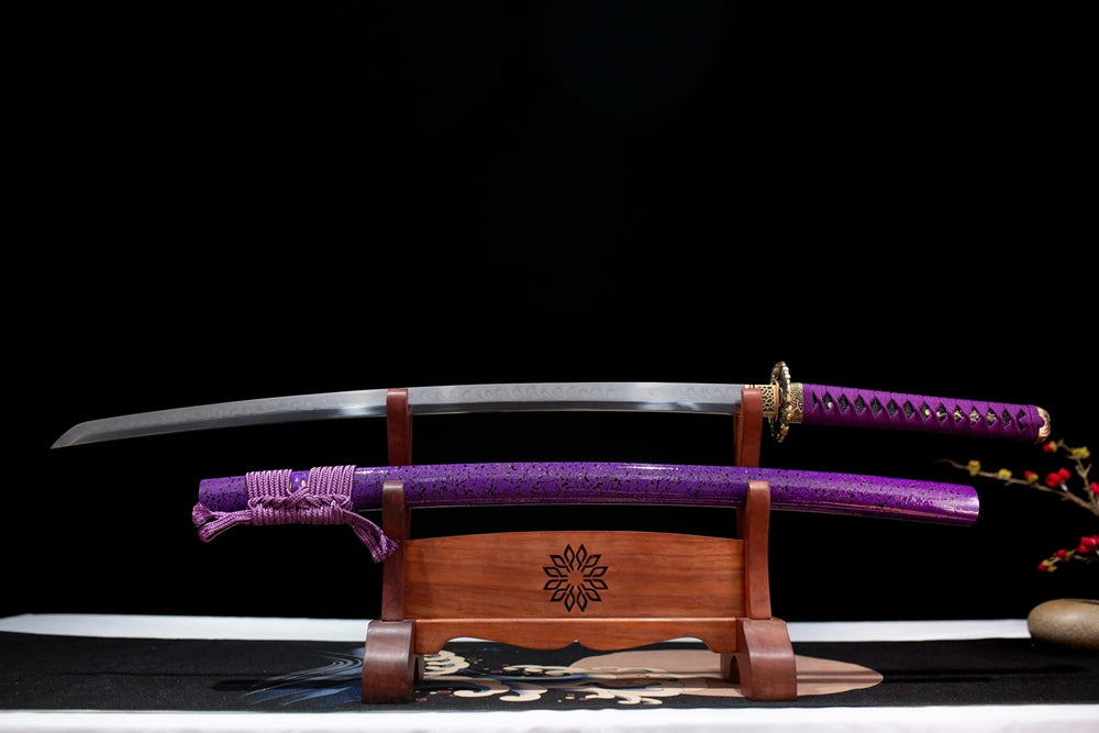 Flat fully‑drawn T10 clay‑tempered suguha‑gunome‑blended‑hamon Lady‑Murasaki‑Katana blade wooden rack front shot